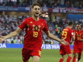 Belgium's Adnan Januzaj celebrates after scoring the opening goal during the group G match between England and Belgium at the 2018 soccer World Cup in the Kaliningrad Stadium in Kaliningrad, Russia, Thursday, June 28, 2018.