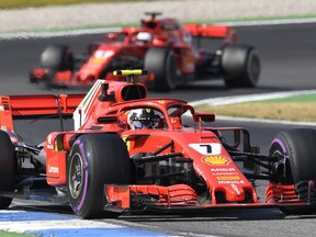 Ferrari driver Kimi Raikkonen of Finland leads his teammate Sebastian Vettel of Germany during the second free practice session, at the Hockenheimring racetrack in Hockenheim, Germany, Friday, July 20, 2018. The German Formula One Grand Prix will be held on Sunday, July 22, 2018.