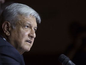 Mexico's President-elect Andres Manuel Lopez Obrador gives a press conference in Mexico City, Thursday, July 5, 2018. Lopez Obrador is proposing former Mexico City Mayor Marcelo Ebrard to be the country's next top diplomat.
