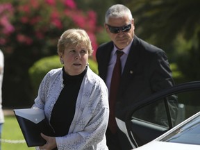 UN envoy Jane Holl Lute arrives at the presidential palace for a meeting with Cyprus' president Nikos Anastasiades in the divided capital of Nicosia, Cyprus, Monday, July 23, 2018. Lute holds talks with ethnically divided Cyprus' rival leaders to gauge prospects for a resumption of the moribund reunification talks.