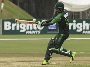 Pakistan batsman Fakhar Zaman plays a shot during the T20 cricket match against Australia at Harare Sports Club, in Harare, Zimbabwe, Thursday, July 5, 2018. Zimbabwe is playing host to a tri-nation Twenty20 international series with Australia and Pakistan.
