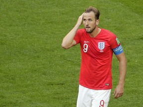 England's Harry Kane reacts during the third place match between England and Belgium at the 2018 soccer World Cup in the St. Petersburg Stadium in St. Petersburg, Russia, Saturday, July 14, 2018.