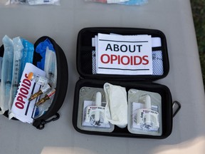 A syringe/injectable Naloxone kit (L) and an overdose prevention nasal Naloxone kit (R) at a pop up safe injection site in Moss Park. Toronto, Ont., August 13, 2017.