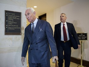 In this Sept. 26, 2017, file photo, longtime Donald Trump associate Roger Stone arrives to testify before the House Intelligence Committee, on Capitol Hill in Washington.