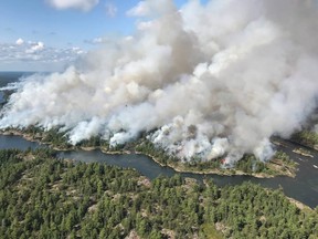 An aerial view taken over the Parry Sound 33 fire is shown in this handout image.