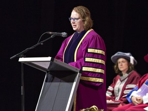 Dr. Deborah MacLatchy delivers an address on Tuesday October 31, 2017 during the Laurier Brantford fall convocation at the Sanderson Centre in Brantford, Ontario.