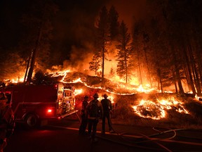 Firefighters try to control a back burn as the Carr fire continues to spread towards the towns of Douglas City and Lewiston near Redding, California on July 31, 2018.