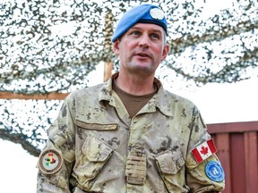 Colonel Chris McKenna, commander of Canada armed forces' contingent of the United Nation peacekeeping mission in Mali Minusma, speaks during an interview at the Castors Camp in Gao on August 3, 2018.