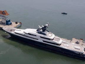 Equanimity, the 90-metre luxury yacht worth $250 million USD, arrives in Port Klang outside of Kuala Lumpur on August 7, 2018.