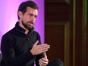 In this file photo taken on November 20, 2014 Jack Dorsey, CEO of Square, Chairman of Twitter and a founder of both, holds an event in London where he announced the launch of Square Register mobile application.
