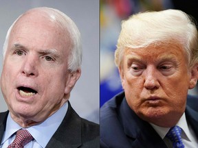 This combination of file pictures created on August 24, 2018 shows US Senator John McCain and US President Donald Trump.