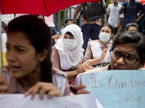Bangladeshi students participate in a protest in Dhaka, Bangladesh, Saturday, Aug. 4, 2018. Five days of protests by tens of thousands of students angry over the traffic deaths of two of their colleagues have largely cut off the capital Dhaka from the rest of Bangladesh, as the demonstrators pressed their demand for safer roads.