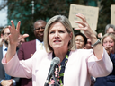Ontario NDP leader Andrea Horwath tells protesters in Toronto on Aug. 2 that that they have to 'save your city from the claws of Doug Ford.'