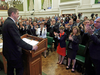 Newly elected Conservative party Leader Andrew Scheer receives a standing ovation from his caucus on May 29, 2017.