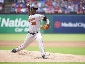 Baltimore Orioles' Yefry Ramirez pitches against the Texas Rangers during the first inning of a baseball game in Arlington, Texas, Sunday, Aug. 5, 2018.