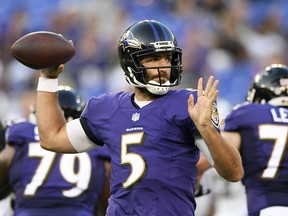 Baltimore Ravens quarterback Joe Flacco throws to a receiver in the first half of a preseason NFL football game against the Los Angeles Rams, Thursday, Aug. 9, 2018, in Baltimore.