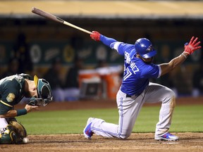 Toronto Blue Jays outfielder Teoscar Hernandez strikes out against the Oakland A's on July 30.