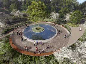 This undated image provided by the Sandy Hook Permanent Memorial Commission on Wednesday, Aug. 8, 2018 shows the design for a permanent memorial to honor the 26 people killed in the 2012 shooting at the Sandy Hook Elementary School in Newtown, Conn. The memorial would be located on a donated 5-acre site near the school, and is projected to be dedicated on Dec. 14, 2019, the seventh anniversary of the shooting. (Sandy Hook Permanent Memorial Commission via AP)