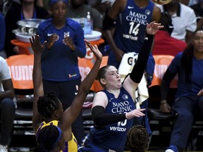 Minnesota Lynx guard Lindsay Whalen (13) drives to the basket against the Los Angeles Sparks in the first half of a single elimination WNBA basketball playoff game, Tuesday, Aug. 21, 2018, in Los Angeles.
