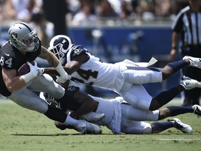 Oakland Raiders tight end Paul Butler, left, is tackled by Los Angeles Rams cornerback Blake Countess (24) and cornerback Troy Hill during the first half in an NFL preseason football game Saturday, Aug. 18, 2018, in Los Angeles.