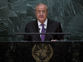 FILE - In this Sept. 23, 2016 file photo, Uzbekistan's Minister for Foreign Affairs Abdulaziz Kamilov addresses the 71st session of the United Nations General Assembly, at U.N. headquarters.  Taliban and Uzbek officials say the head of the Taliban's political office in Qatar led a delegation to Uzbekistan to meet senior Foreign Ministry officials in a rare diplomatic foray, and the strongest sign yet of the insurgency's increasing political presence in the region. Taliban political chief Sher Mohammad Abbas Stanikzai represented the insurgents in the four-day talks that ended Friday, Aug. 10, 2018.