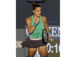 Maria Sakkari, of Greece, reacts after winning a point against Venus Williams, of the United States, during the Mubadala Silicon Valley Classic tennis tournament in San Jose, Calif., Friday, Aug. 3, 2018.