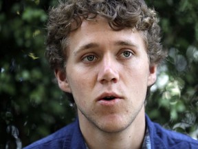 University of California student Tyler Heintz answers questions during an interview on the university's campus Wednesday, June 6, 2018, in, Berkeley, Calif. Heintz and other fellow students who were in Nice, France when a terrorist drove a truck down a promenade killing 83 people, including one of their classmates, have channeled their grief and anger into two nonprofits to fight terrorism.