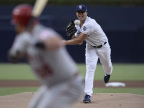 San Diego Padres starting pitcher Clayton Richard works against a Los Angeles Angels batter during the first inning of a baseball game Monday, Aug. 13, 2018, in San Diego.