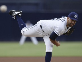San Diego Padres starting pitcher Brett Kennedy works against a Los Angeles Angels batter during the first inning of a baseball game Tuesday, Aug. 14, 2018, in San Diego.