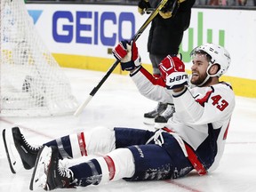 In this May 28, 2018 file photo, Washington Capitals right winger Tom Wilson celebrates his goal  in Game 1 of the Stanley Cup final against the Vegas Golden Knights.