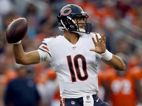 Chicago Bears quarterback Mitchell Trubisky (10) throws against the Denver Broncos during the first half of a preseason NFL football game, Saturday, Aug. 18, 2018, in Denver.