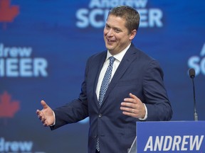 Conservative Party of Canada Leader Andrew Scheer reacts to the crowd as he prepares to speak at the party's national policy convention in Halifax on Friday, Aug. 24, 2018.