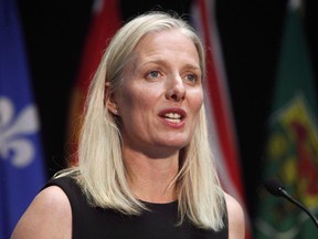 Minister of Environment and Climate Change Catherine McKenna speaks at a press conference in Ottawa on June 28, 2018. More than one hundred municipal wastewater systems did not report how much raw sewage overflowed from their pipes in 2017 but Environment Canada is only investigating two of them for violating federal regulations.