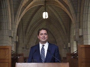 Conservative leader Andrew Scheer speaks to reporters after a caucus meeting on Parliament Hill in Ottawa on Wednesday, June 6, 2018.