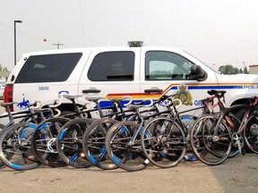 Recovered stolen bicycles are seen in this undated handout photo. The RCMP has recovered nine of 10 expensive bicycles that were stolen earlier this summer from a teenage Malaysian cycling team training in Edmonton.