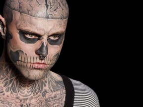 Canadian model Rick Genest, aka Zombie Boy, wears a creation by Auslander during the Fashion Rio Summer 2012 collection in Rio de Janeiro, Brazil, Saturday, June 4, 2011. Lady Gaga has apologized for referring to the death of the Montreal artist and model Rick Genest, professionally known as "Zombie Boy," as a suicide.