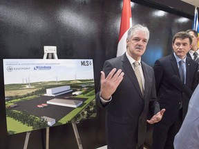 Stephen Matier, left, president of Maritime Launch Services and Maksym Degtiarov, chief designer of the launch vehicle at the Yuzhnoye Design Bureau, talk with reporters at a meeting of the proposed Spaceport project team in Dartmouth, N.S. on December 11, 2017.