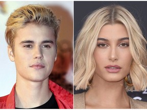 This combination photo shows singer Justin Bieber at the Cannes festival palace in Cannes, southeastern France on Nov. 7, 2015, left, and model Hailey Baldwin at the Billboard Music Awards in Las Vegas on May 20, 2018. Justin Bieber fans flooded social media with photos of the popstar and his fiancee Hailey Baldwin spending time in his southern Ontario hometown over the weekend. The fan site Justin Bieber News tweeted several photos of the duo meeting fans and checking out local hangouts, including a Tim Hortons restaurant in Stratford, Ont., and an ice cream shop in Shakespeare, Ont. THE CANADIAN PRESS/AP Photo