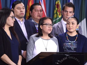 Debbie Baptiste, mother of Colten Boushie, speaks during a press conference on Parliament Hill in Ottawa on February 14, 2018. The family of Colten Boushie has filed two separate statements of claim against the RCMP and Saskatchewan farmer Gerald Stanley almost two years after Boushie's death. Boushie was killed after being shot in the head on a farm near the community of Biggar in August 2016. Stanley, the landowner, was acquitted of second-degree murder after testifying that his gun went off accidentally.