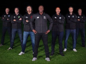 Canadian Premier League soccer coaches (left to right) Jeff Paulus (FC Edmonton), Jim Brennan (York 9), Tommy Wheeldon (Cavalry FC) Alex Bunbury, who is running the CPL trials, Stephen Hart (HFX Wanderers), Michael Silberbauer (Pacific FC) and Rob Gale (Valour FC) pose for a photo at the Ontario Soccer Centre in Vaughan, Ont. on Aug.21, 2018. THE CANADIAN PRESS/HO-Canadian Premier League MANDATORY CREDIT