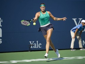 Aryna Sabalenka, of Belarus, hits a forehand against Julia Goerges, of Germany, in the semifinals of the Connecticut Open tennis tournament in New Haven, Conn., Friday, Aug. 24, 2018.