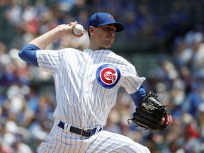 Chicago Cubs starting pitcher Kyle Hendricks delivers during the first inning of a baseball game against the San Diego Padres, in Chicago, on Saturday, Aug. 4, 2018.