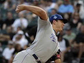 Kansas City Royals starting pitcher Brad Keller throws against the Chicago White Sox during the first inning of a baseball game Saturday, Aug. 18, 2018, in Chicago.