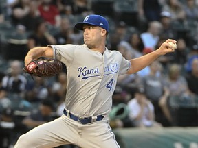Kansas City Royals starting pitcher Danny Duffy (41) throws the ball against the Chicago White Sox during the first inning of a baseball game, Tuesday, July 31, 2018, in Chicago.