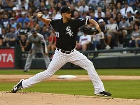 Chicago White Sox starting pitcher James Shields delivers against the Cleveland Indians during the first inning of a baseball Saturday, Aug. 11, 2018, in Chicago.