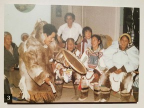 Silas Illungiayok (brother of David Serkoak) drum dancing at Ennadai Lake in 1985 during elders reunion.