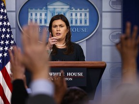 White House press secretary Sarah Huckabee Sanders speaks during the daily press briefing at the White House, Wednesday, Aug. 1, 2018, in Washington.