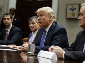 President Donald Trump speaks during a roundtable on the "Foreign Investment Risk Review Modernization Act" in the Roosevelt Room of the White House, Thursday, Aug. 23, 2018, in Washington. From left, Sen. Tom Cotton, R-Ark., Rep. Jeb Hensarling, R- Texas, Trump, and Sen. Mike Crapo, R- Idaho.