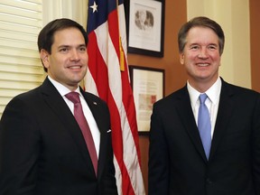 Sen. Marco Rubio, R-Fla., left, meets with Supreme Court Justice nominee Brett Kavanaugh, Wednesday, Aug. 1, 2018, during a photo opportunity on Capitol Hill in Washington.