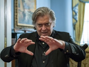 Steve Bannon, U.S. President Donald Trump's former chief strategist, talks about the approaching midterm election during an interview with The Associated Press, Sunday, Aug. 19, 2018, in Washington.